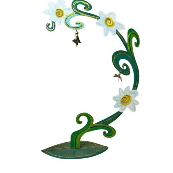 Handcrafted Green & White Floral Metal Sculpture With Dragonfly Accents By Rossi - Picture 1 of 7